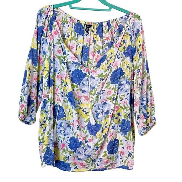 Chaps Fresh Floral Cotton Tassel Blouse Size Small - Picture 1 of 8